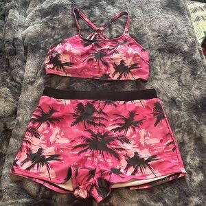 Pink Palm-Print Women's Crisscross Bikini Top & Swim Shorts Set